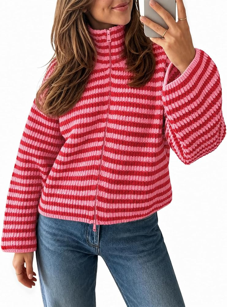 Saodimallsu Womens Striped Zip Up Sweaters Mock Neck 2026 Fall Trendy Casual Long Sleeve Loose Fi... | Amazon (US)