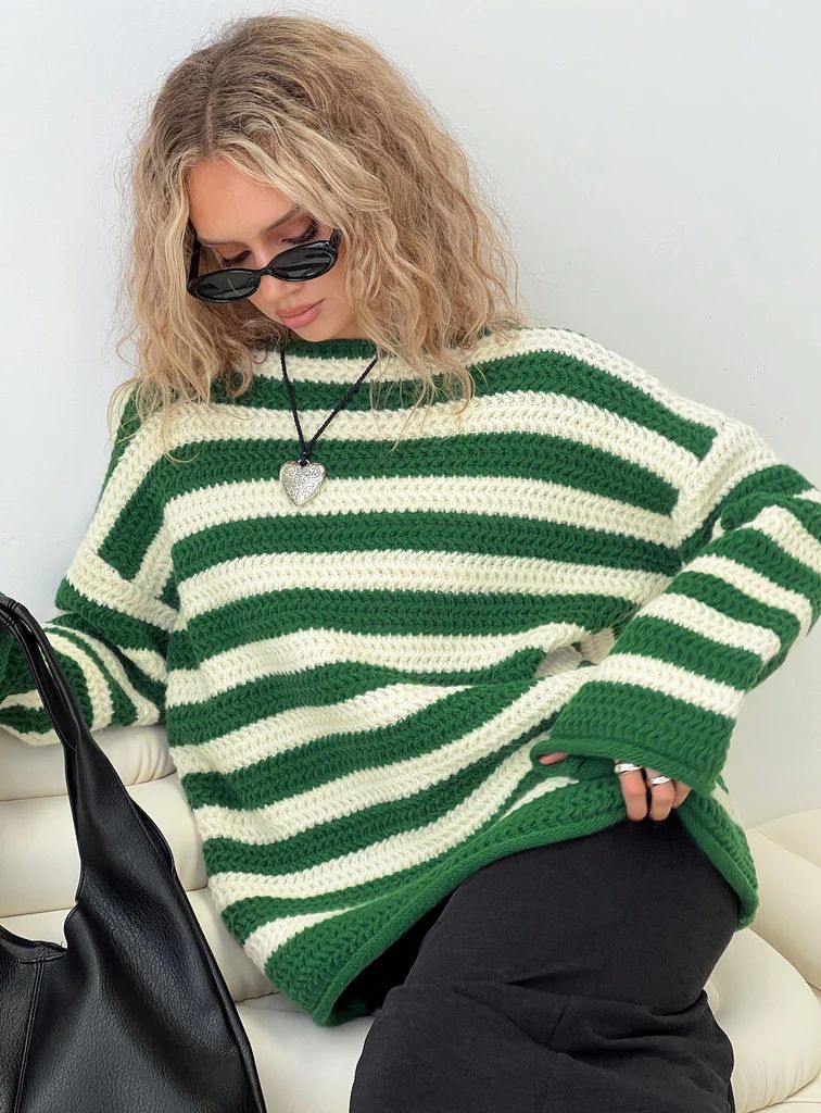 Brando Knit Sweater Green / Cream Stripe | Princess Polly US