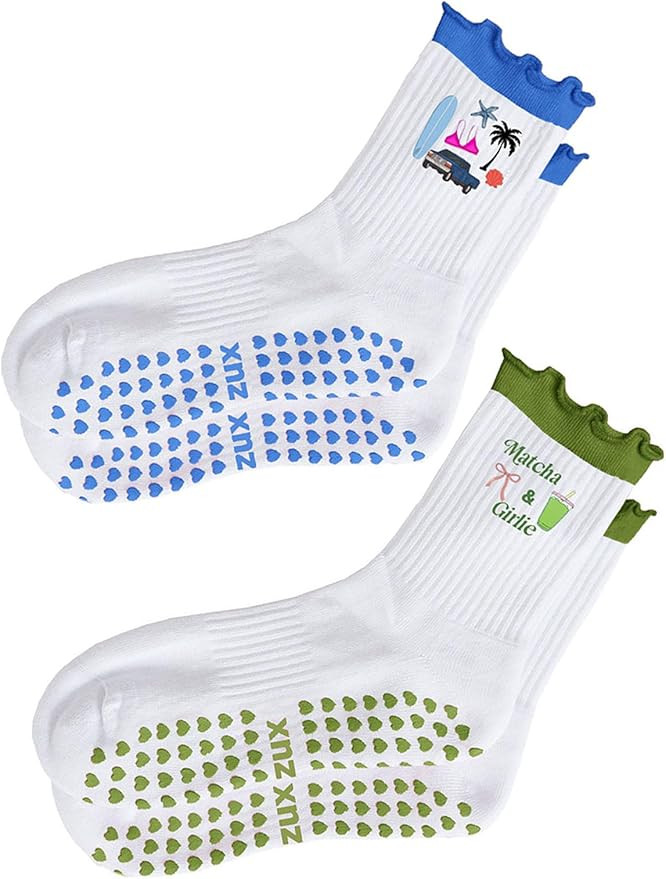 Women Cute Pilates Socks Grip Crew Yoga Socks Ruffle Cuff Embroidery Pattern Workout Ballet Socks | Amazon (US)