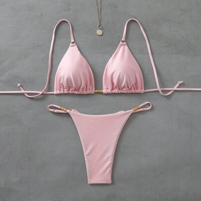 Women's Summer Beach Solid Color Spaghetti Strap Metal Decor Ring Bikini Set | SHEIN