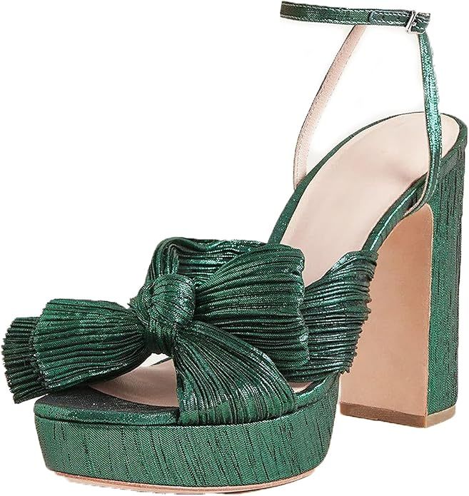 Mattiventon Chunky Platform Sandals for Women Ankle Strap Open Toe Bowknot Heeled Wedding Sandals... | Amazon (US)