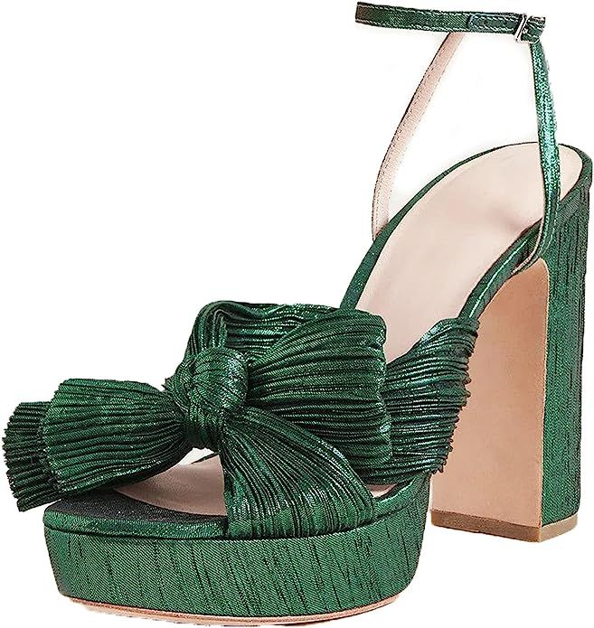 Mattiventon Chunky Platform Sandals for Women Ankle Strap Open Toe Bowknot Heeled Wedding Sandals... | Amazon (US)