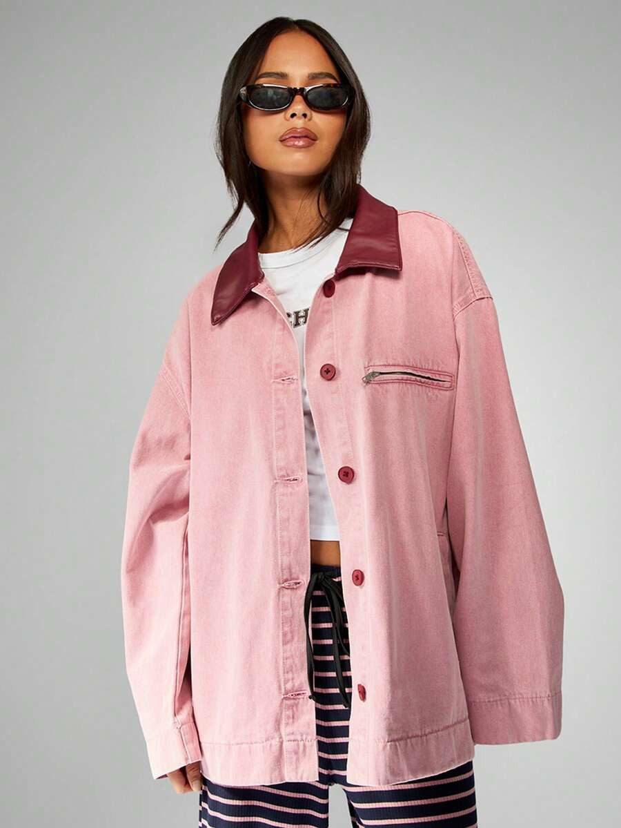 MISSGUIDED Oversized Barn Jacket Retro Style Denim Jacket Button Front Cotton Canvas Workwear Fal... | SHEIN