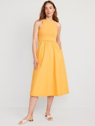 Fit &amp; Flare High-Neck Combination Midi Dress for Women | Old Navy (US)