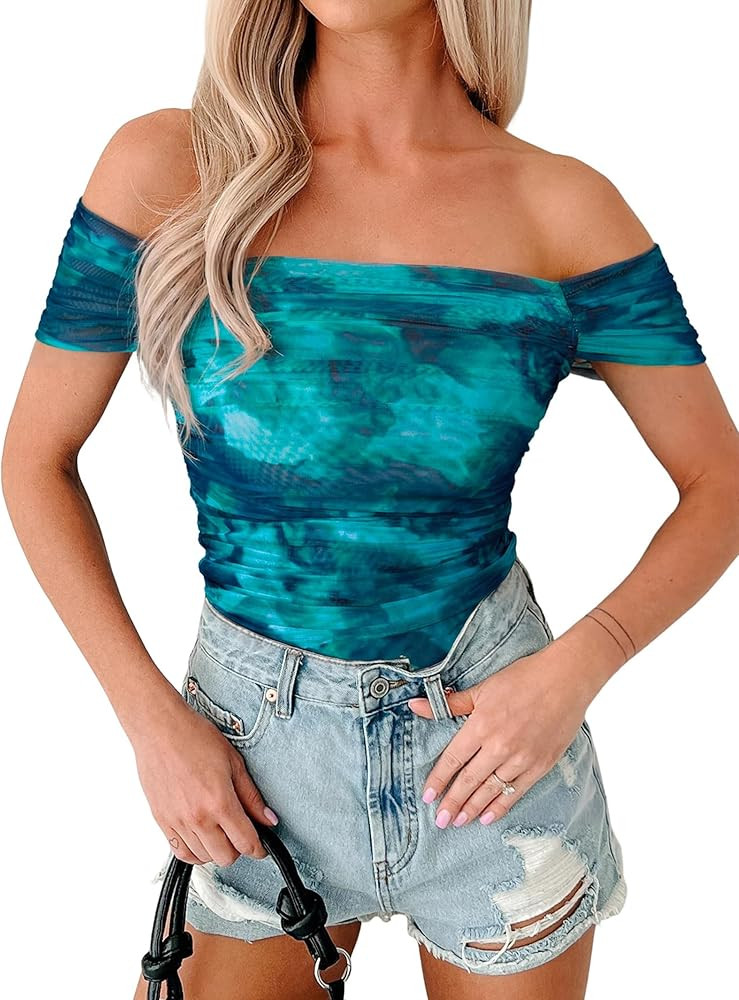 Glamaker Blusas de malla con hombros descubiertos para mujer, para verano, floral, transparente, ... | Amazon (US)
