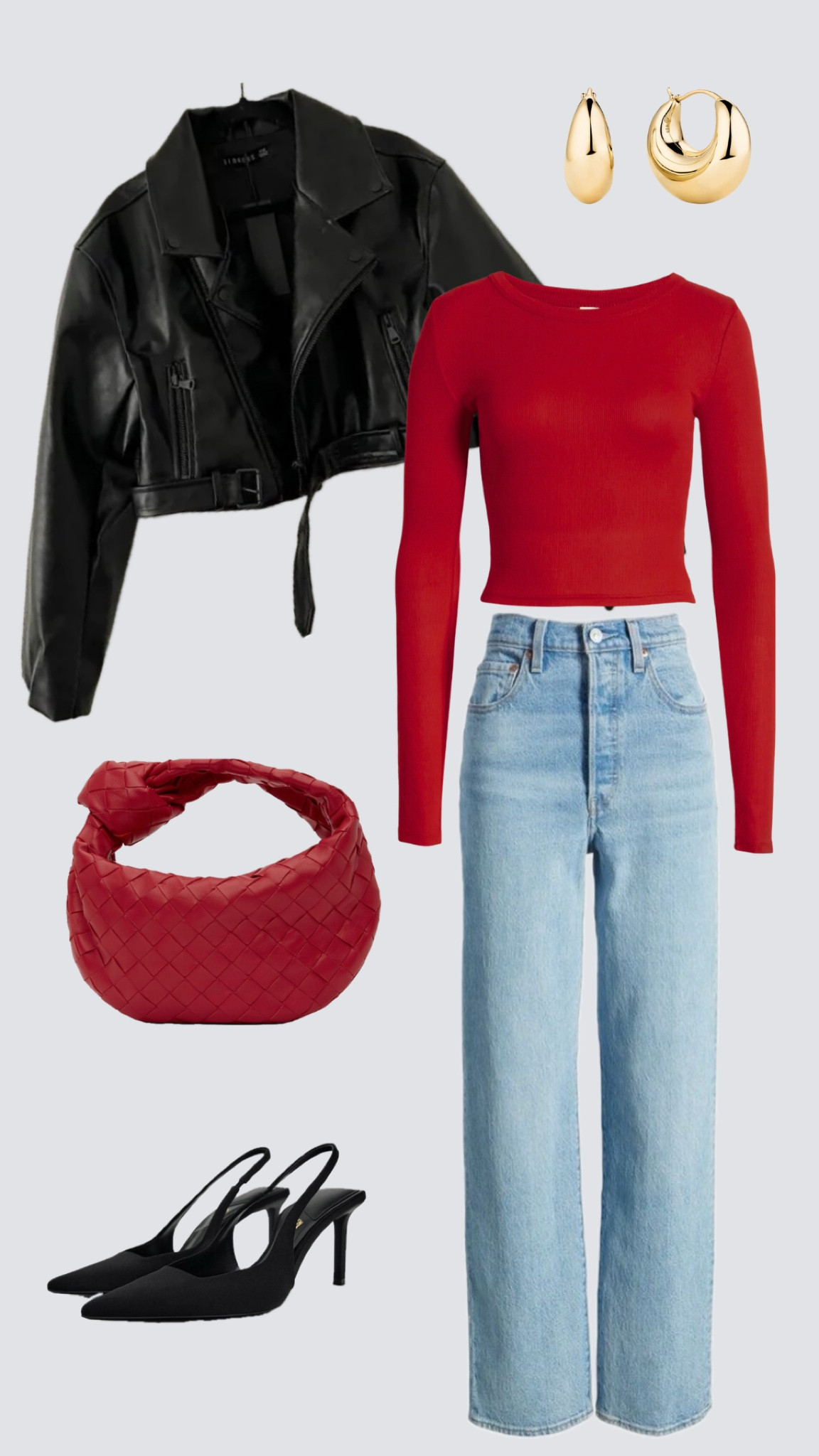 red long sleeve top, black leather jacket and jeans outfit inspo 

#LTKstyletip