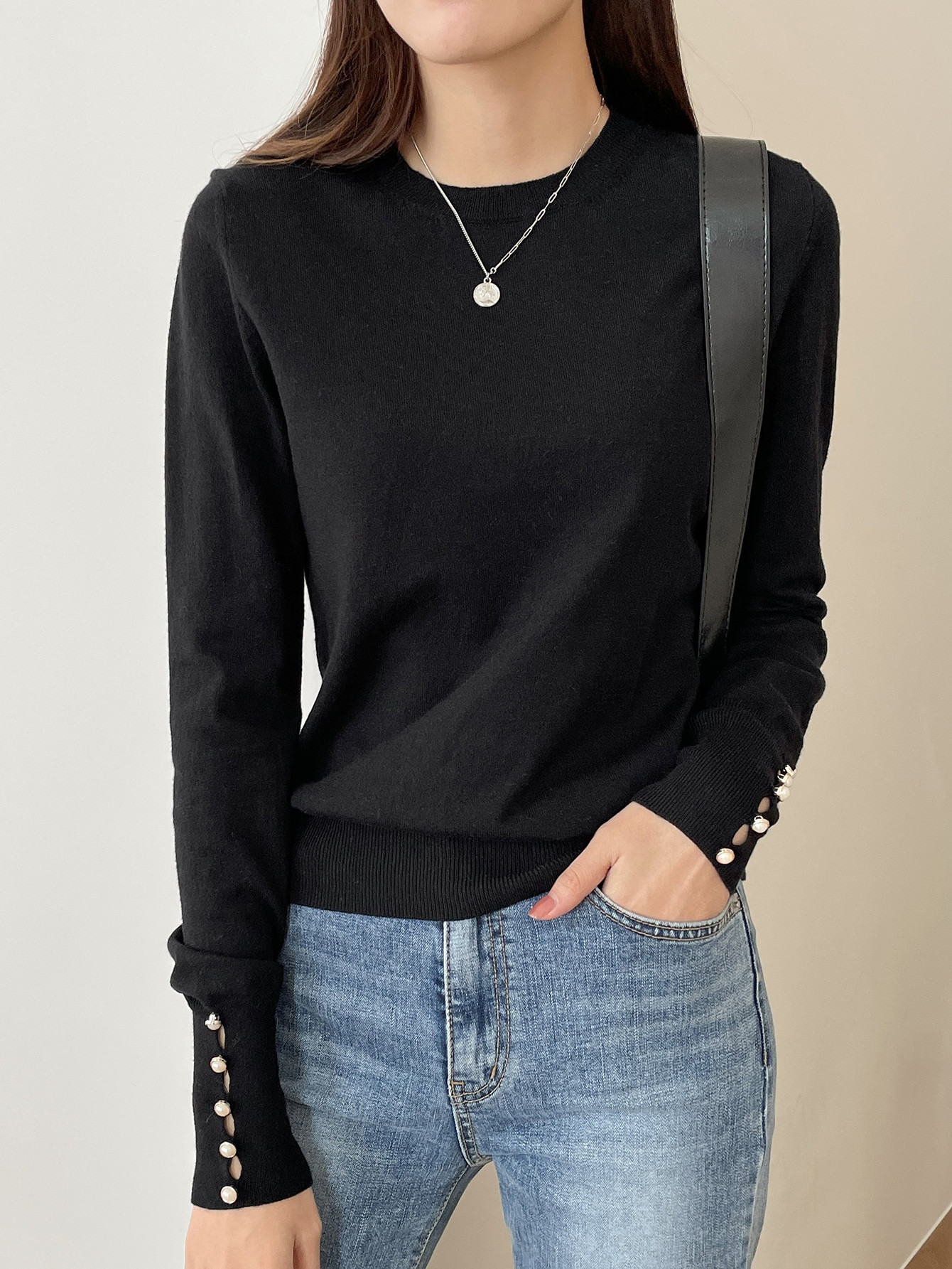 DAZY Button Cuff Round Neck Sweater | SHEIN