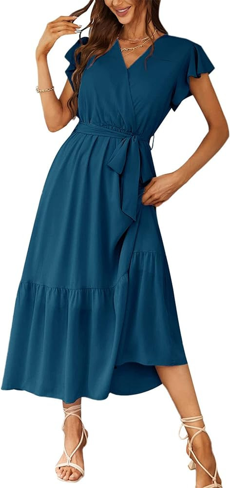 PRETTYGARDEN Women's 2024 Floral Boho Dress Wrap V Neck Short Sleeve Belted Ruffle Hem A-Line Flo... | Amazon (US)