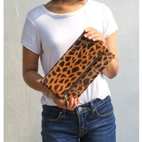 Leopard Fold Over Clutch, Giraffe Leopard Print Leather Calf Zipper Cow Hide Clutch | Etsy (US)