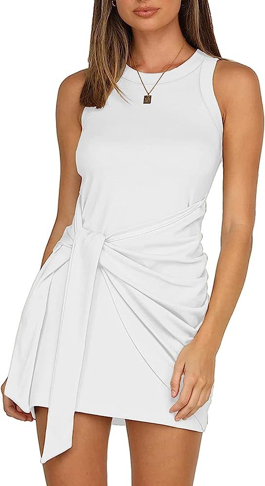LIYOHON Women's Summer Casual Beach Dress Sleeveless Ruched Tie Tank Bodycon Wrap Mini Dresses | Amazon (US)