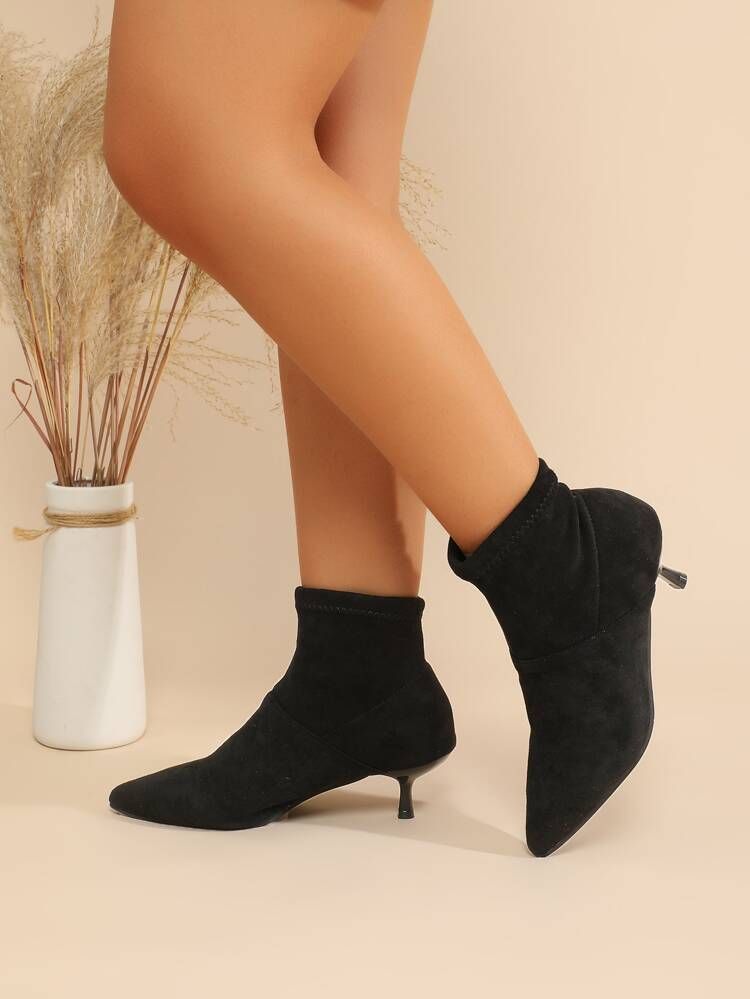 Minimalist Point Toe Heeled Faux Suede Sock Boots | SHEIN