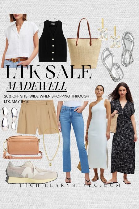 LTK Sale: Madewell 20% Off Site-wide when purchasing through LTK May 9-13. Dresses, white dress, black dress, summer dress, spring dress, denim, jeans, shorts, sneakers, silver sandals, New Balance, white shirt, black sweater vest, straw bag, crossbody bag, gold earrings, silver earrings, gold necklaces.

#LTKSaleAlert #LTKxMadewell #LTKSeasonal