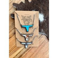 Western Long Horn Necklace Faux Cowhide, Turquoise Stone Cow Head Jewelry | Etsy (US)
