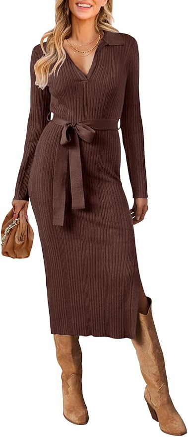 MEROKEETY Women's 2024 Fall Sweater Dress Long Sleeve Collared V Neck Slit Knit Bodycon Midi Dres... | Amazon (US)