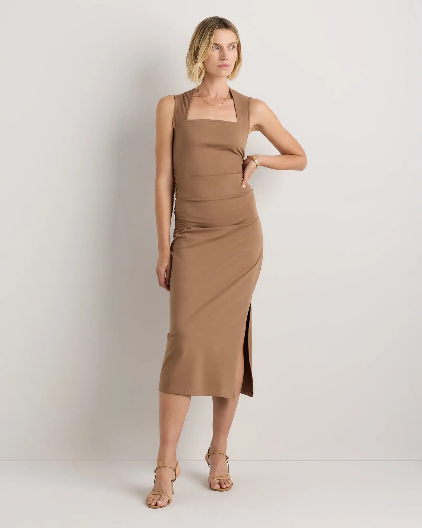 Stretch Cotton Jersey Square Neck Ruched Midi Dress | Quince