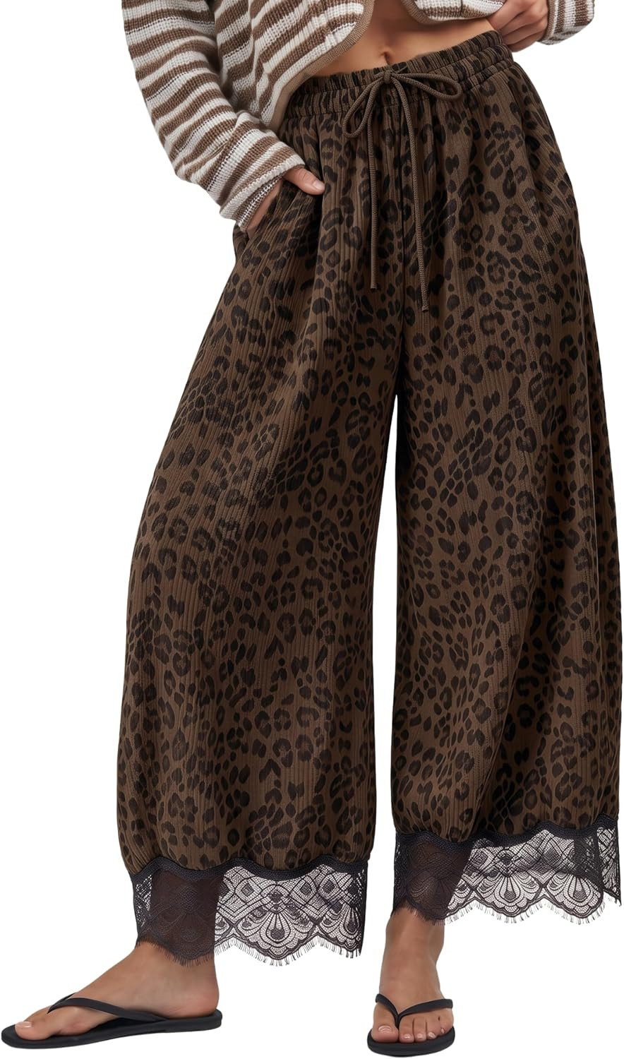 Women's Animal Print Lace Hem Cord Pants | Amazon (US)
