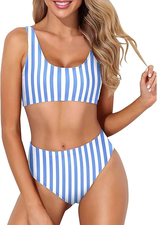 Tempt Me Women Two Piece Scoop Neck Bikini Crop Top High Cut Swimsuit Sporty High Waisted Bathing Su | Amazon (US)