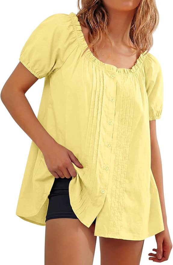 Tankaneo Womens Scoop Neck Babydoll Tops Summer Dressy Short Puff Sleeve Button Down Shirts Overs... | Amazon (US)