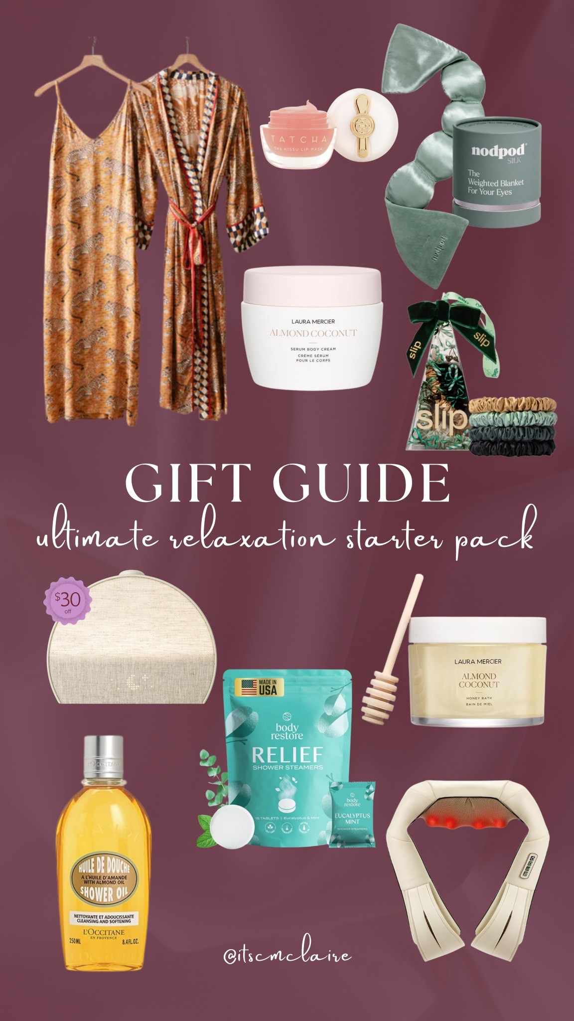 These are some of my favorite things that I’ve tried over the years. 

I use the hatch sound machine every single night for the last two years and now I couldn’t live without it! 

The slip silk hair ties have been a game changer. These are the only hair ties I use at this point. Prevents breakage, eliminates creases, and is very comfortable. They would make a wonderful stocking stuffer!

If you’re looking for a Luxe gift idea, print fresh Eco, satin robe and matching nightgown would be an amazing gift for a mom, wife, girlfriend, sister, or even best friend! 

The Laura Mercier, body creams and bath soaps are equally luxe and would make a great gift as well. I’ve used both of these products over the years and absolutely love the scent.

The Tacha lip mask is what I currently use and my one jar has lasted me over a year! I am not even halfway through the container! I wear it every single night and my lips are extremely hydrated every morning.

This neck massager saves me every time I have a kink in my neck ! And also help me on days I need a little extra relaxation !