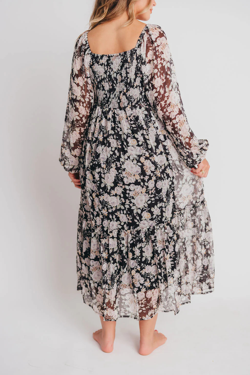 Yoru Chiffon Floral Midi Dress in Black | Worth Collective