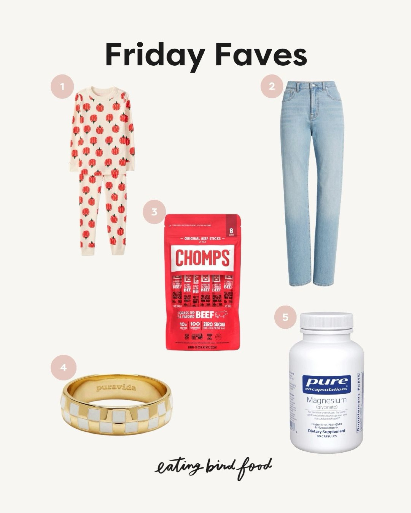 Friday faves 🧡✨
1️⃣ I ordered these pumpkin pjs for the kids this month and they’re so cute. Plus they think it’s so fun to match each other.
2️⃣ I got these jeans back in July during the NSale and I was reminded how much I like them this week because it’s officially jeans weather here in Richmond. Plus they’re on sale for 35% off right now! 
3️⃣ These meat sticks are one of my favorite high protein snacks when traveling. They taste delish and have 10 grams of protein per stick.
4️⃣ I found this ring at a local shop in Cape Charles this past weekend and had to buy it! It’s so cute and inexpensive.
5️⃣ Isaac and I started taking magnesium before bed every night and I swear it works wonders for getting a restful nights sleep.

#LTKStyleTip #LTKBeauty #LTKKids
