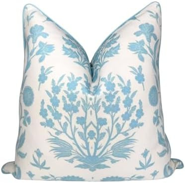 Jillien Harbor \u201cThe Charlotte\u201d Bright Sky Blue Floral Block Print Pillow Cover \u2013 O... | Amazon (US)