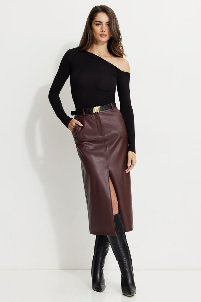 Danbi Faux Leather Midi Skirt | Dynamite Clothing