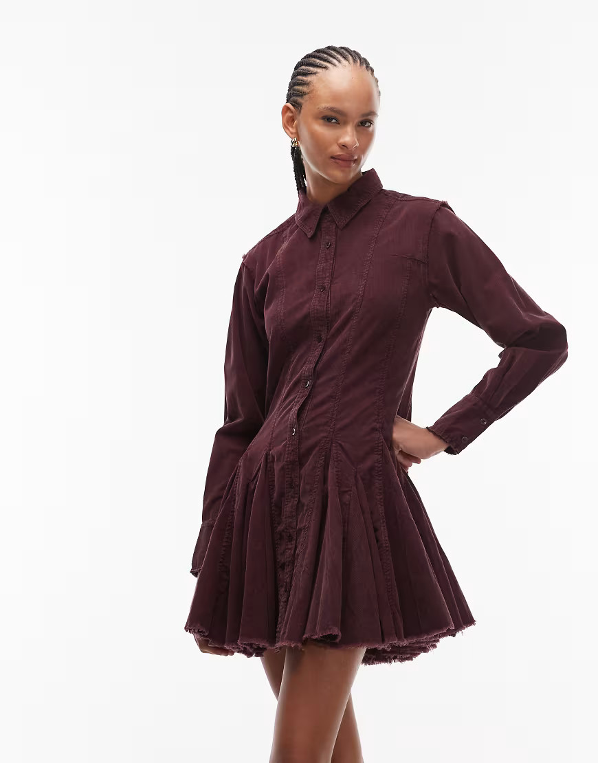 ASOS DESIGN corduroy shirt dress with nipped in waist and godets in washed burgundy-Red | ASOS (Global)