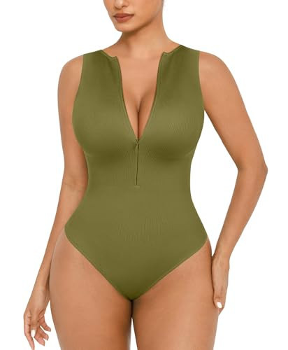 FeelinGirl Slimming Bodysuit for Women Seamless Zip Up Body Suits Sleeveless Tops Olive Green M | Amazon (US)