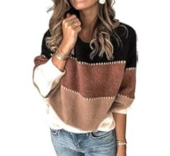 Angashion Women's Sweaters Casual Long Sleeve Crewneck Color Block Patchwork Pullover Knit Sweater T | Amazon (US)