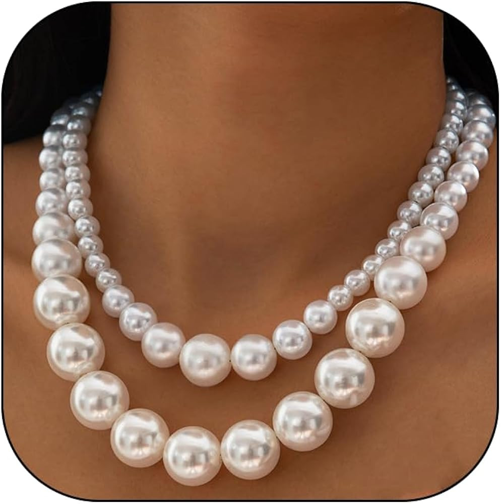 Pearl Necklace Earrings for Women,Chunky Vintage Large Pearl Choker Earrings Charm Statement Fest... | Amazon (US)