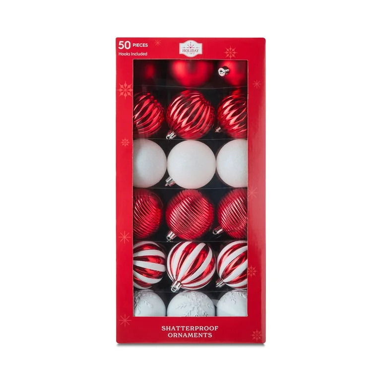 50-Count Red and White Shatterproof Christmas Ornaments, by Holiday Time | Walmart (US)