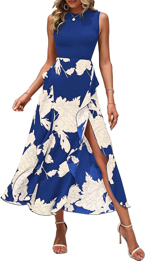 BTFBM Women Casual Sleeveless Summer Dresses 2025 Spring Crewneck Patchwork Boho Floral Ruffle Co... | Amazon (US)