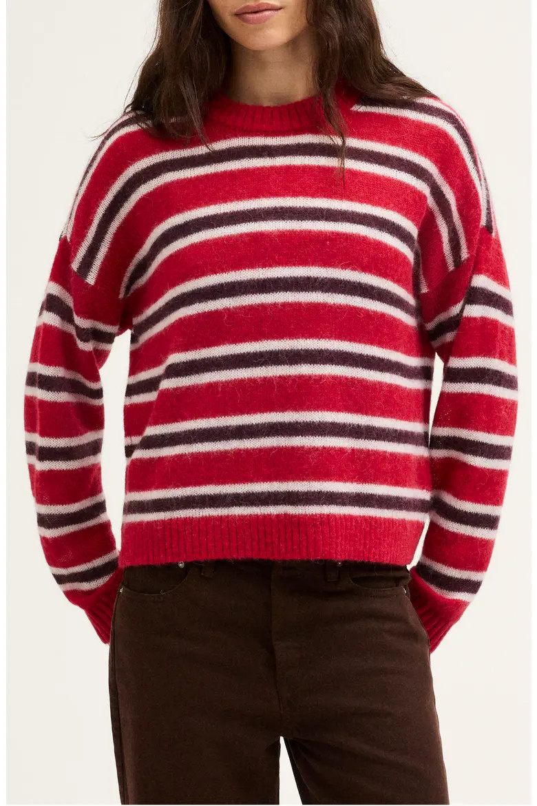 Madewell Stripe Crewneck Sweater in Alpaca Blend in Crimson Trio Stripe at Nordstrom, Size Small | Nordstrom