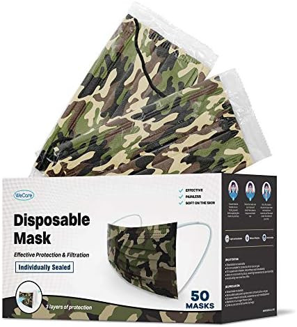 WeCare Disposable Face Mask Individually Wrapped - 50 Pack, Camo Masks 3 Ply | Amazon (US)