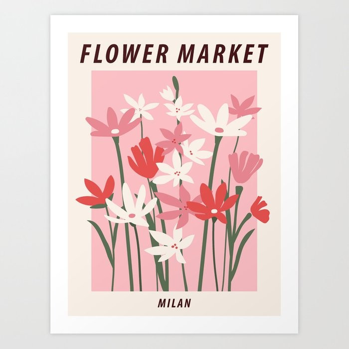 Flower market print, Milan, Cute pink flowers art, Posters aesthetic, Floral art, Retro print, Co... | Society6