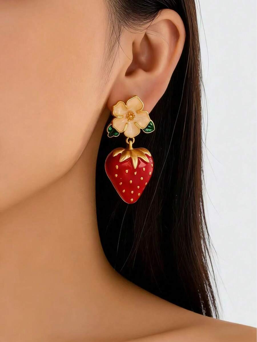 1 Pair Strawberry Dangle Earrings, Burgundy Alloy Earrings For Women, Jewelry For Daily, Vacation... | SHEIN