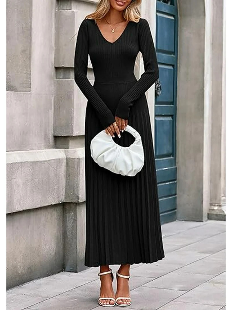 PRETTYGARDEN Women Sweater Dress Fall Fashion Long Sleeve V Neck Ribbed Knit Pleated A Line Elega... | Walmart (US)