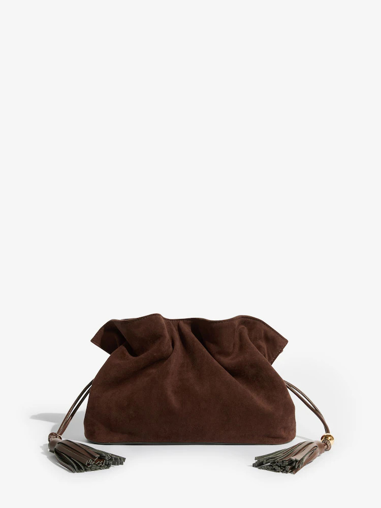 Friends Like These Chocolate Brown Faux Suede Medium Tassel Scrunch Clutch Bag | Next EU