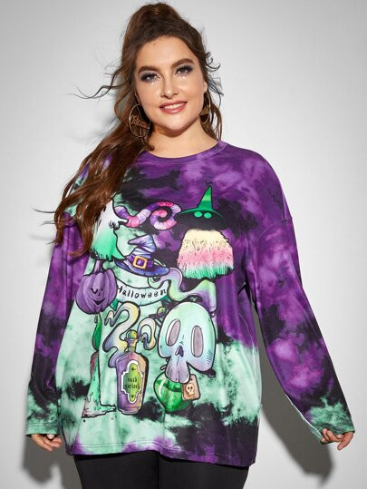 SHEIN Plus Halloween Print Tie Dye Top | SHEIN