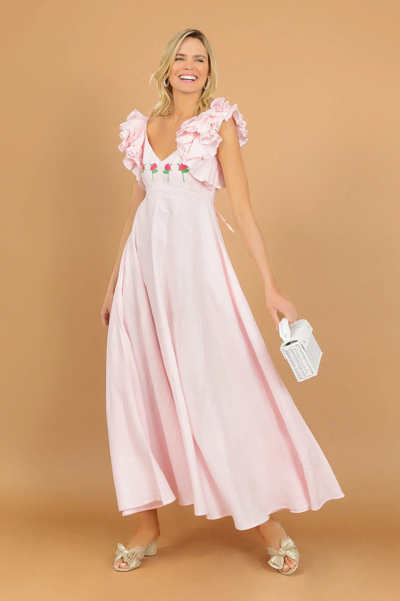 Light Pink Demre Linen Embroidered Maxi Dress | Tuckernuck (US)