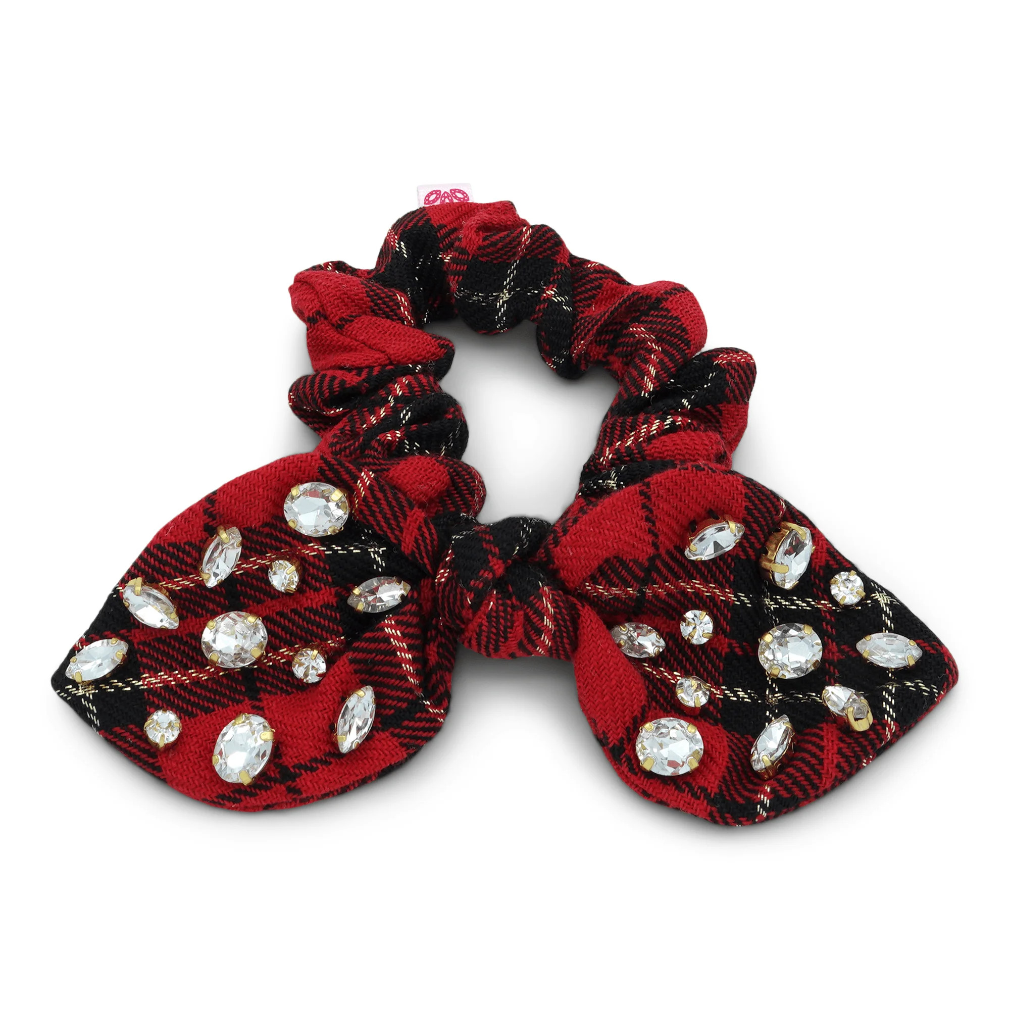 Crystal Dipped Red & Gold Plaid Bow Scrunchie | La Bella Shop