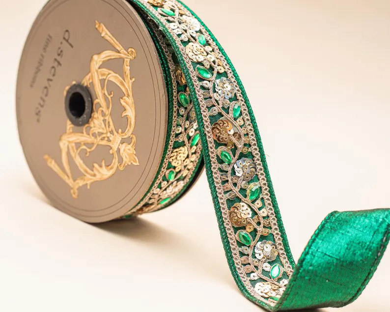 Emerald Green and Gold Jeweled Ribbon \u2013 Sequin Floral Christmas Ribbon, Holiday Decor, Festi... | Etsy (Global)
