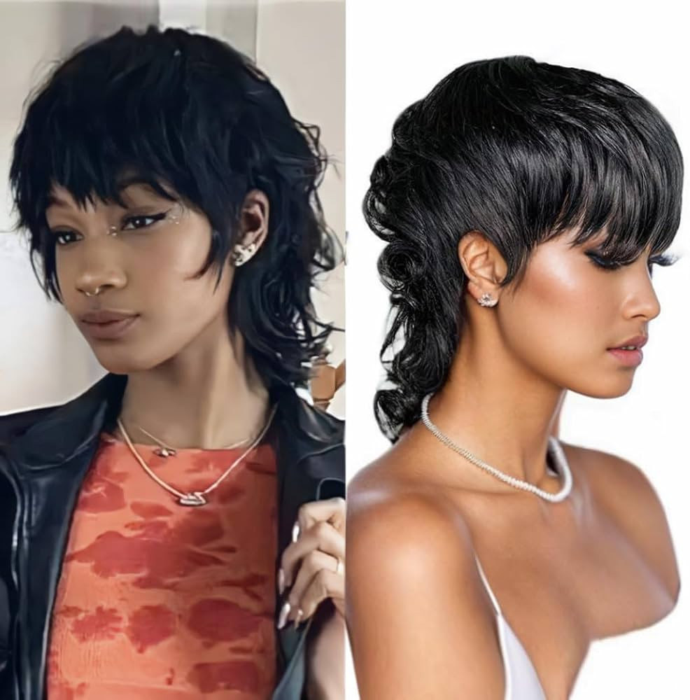 Mullet Full Machine Made Human Hair Wigs For Women Glueless Pixiecut Curly Wigs With Bangs Body W... | Amazon (US)