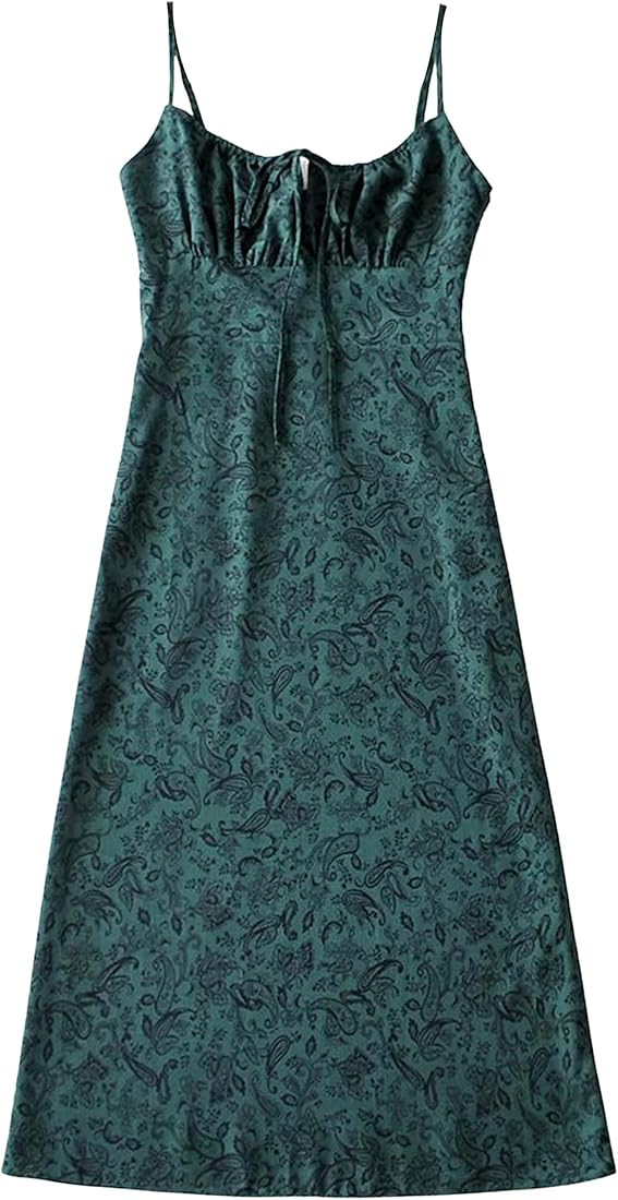 Omoone Women's Floral Dress Low-Cut Square Neck Spaghetti Strap Tie Bodycorn Dresses | Amazon (US)