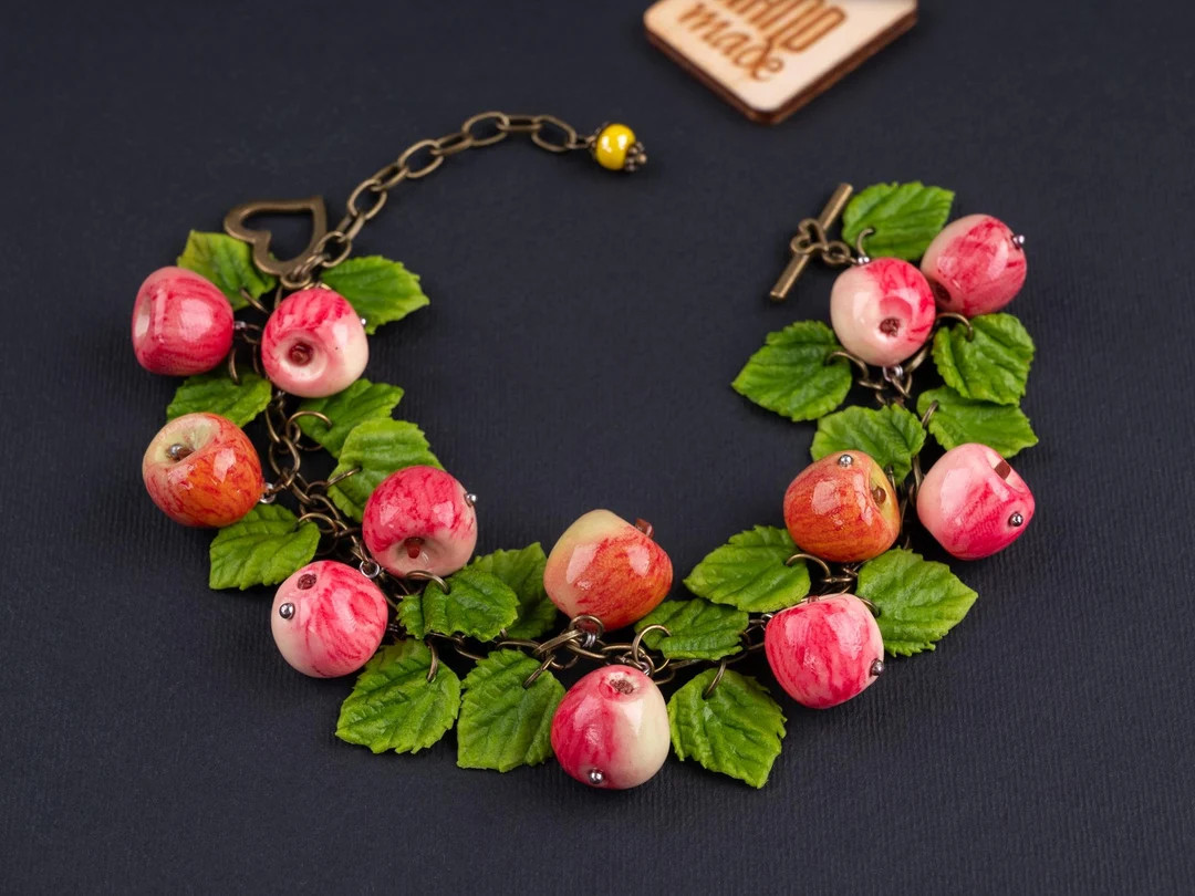 Beautiful bracelet made in the form of apple with leaves by hand with polymer clay.Bracelet lengt... | Etsy (US)