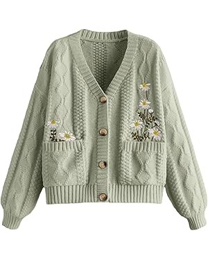 GORGLITTER Cardigan for Women Button Down Cable Knit Sweater Floral Embroidery V Neck Chunky Swea... | Amazon (CA)