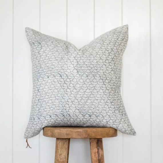 Grey Indigo Handblock Floral Pillow Cover, Gray-Blue Floral Throw Pillow, Floral Woodblock Decora... | Etsy (US)