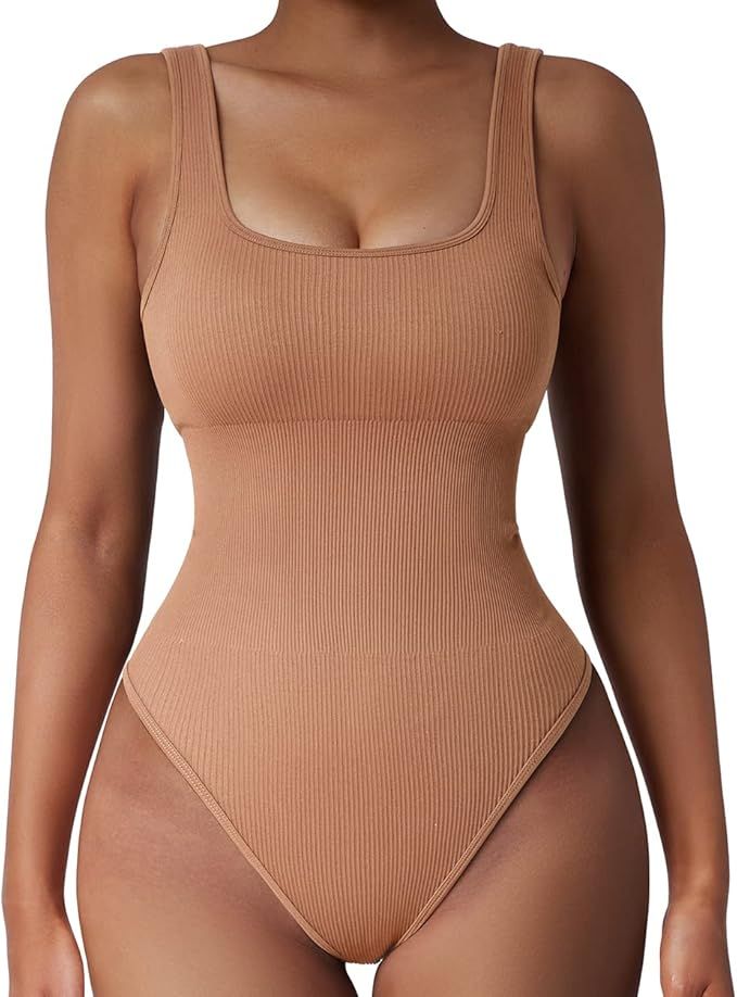 SUUKSESS Women Ribbed Sexy Bodysuit Sleeveless Square Neck Padded Tank Top | Amazon (US)