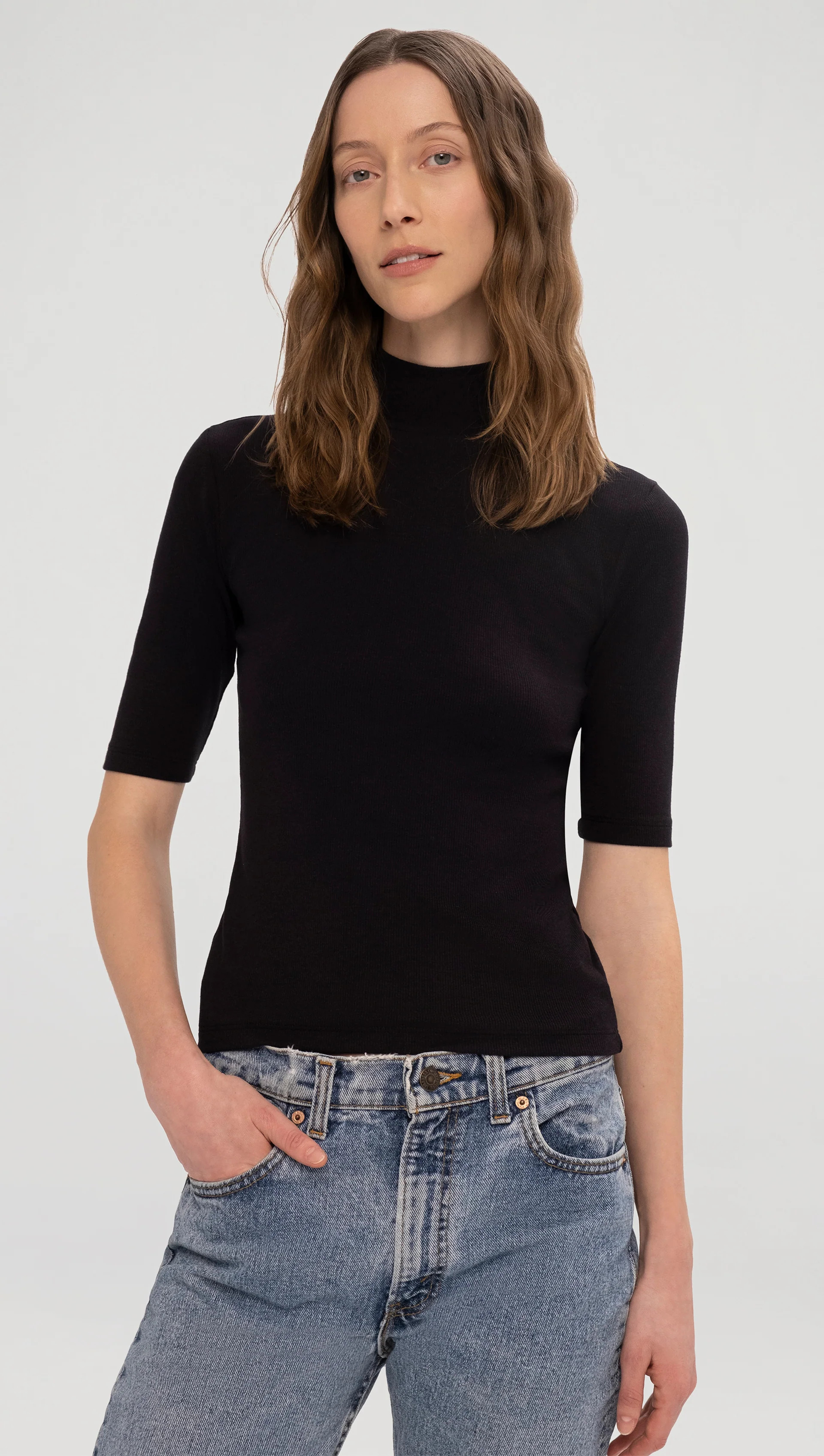 Argent: Mock Neck Tee in Ribbed Cotton | Work Shirts for Women | Argent | Argent